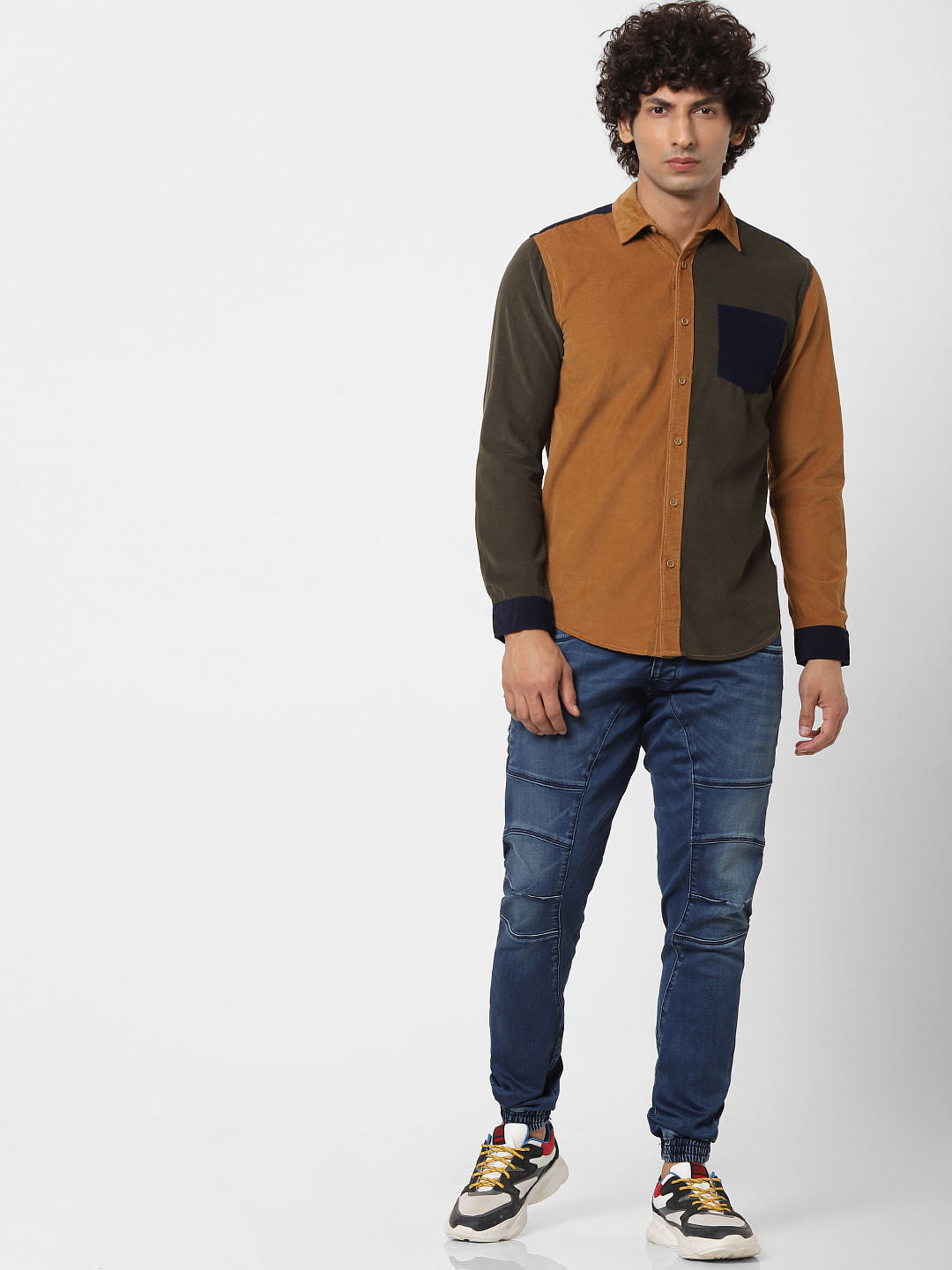 Dark Green Colourblocked Corduroy Shirt
