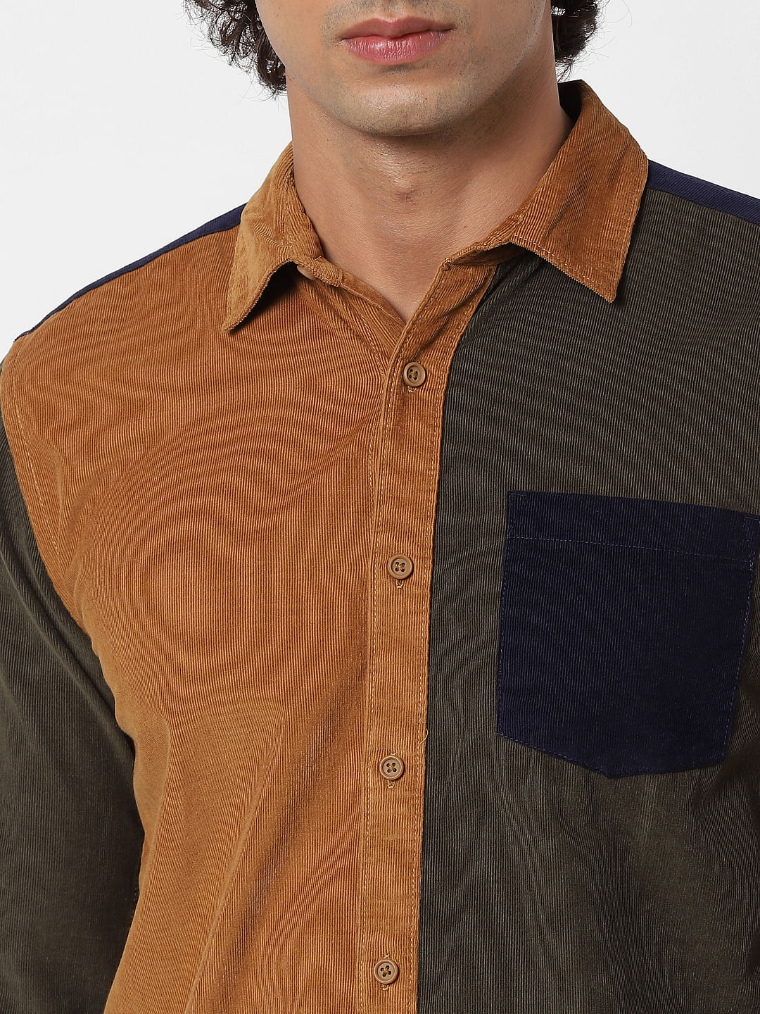Dark Green Colourblocked Corduroy Shirt
