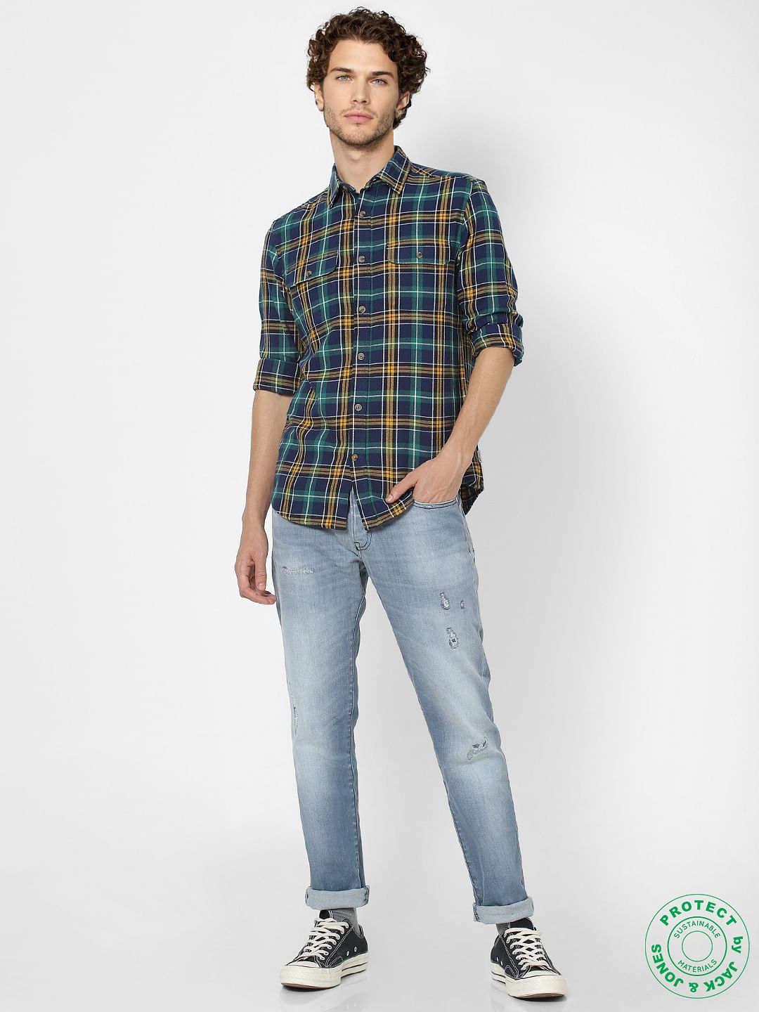 Navy Blue Full Sleeves Slim Fit Check Shirt - S