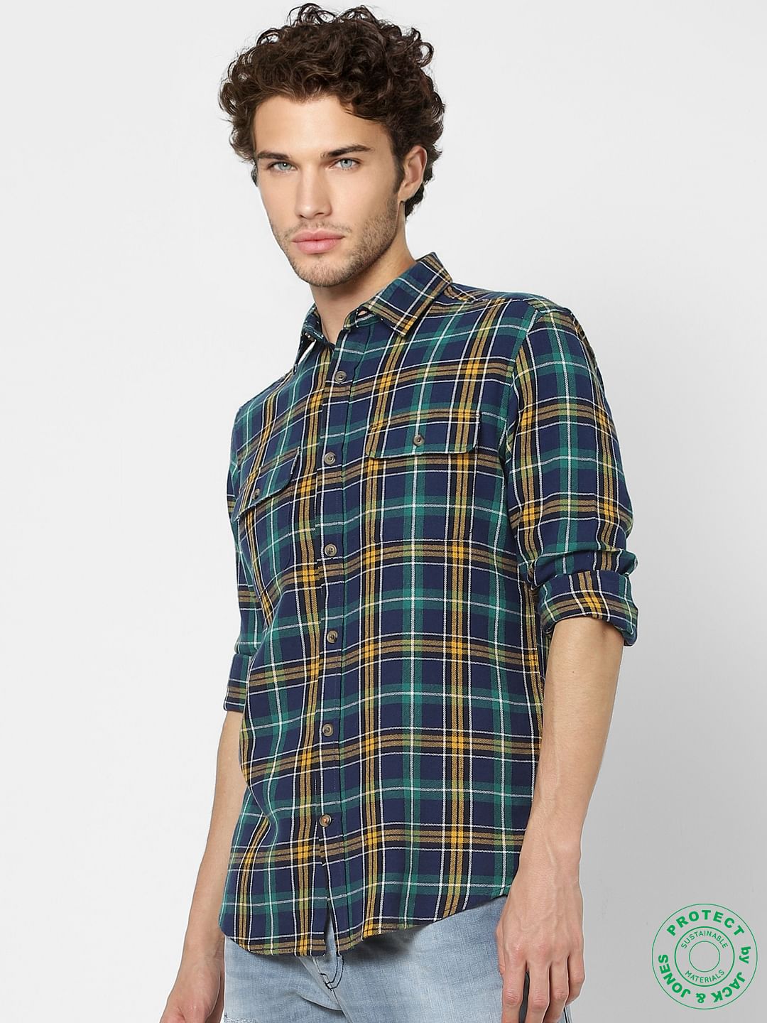 Navy Blue Full Sleeves Slim Fit Check Shirt