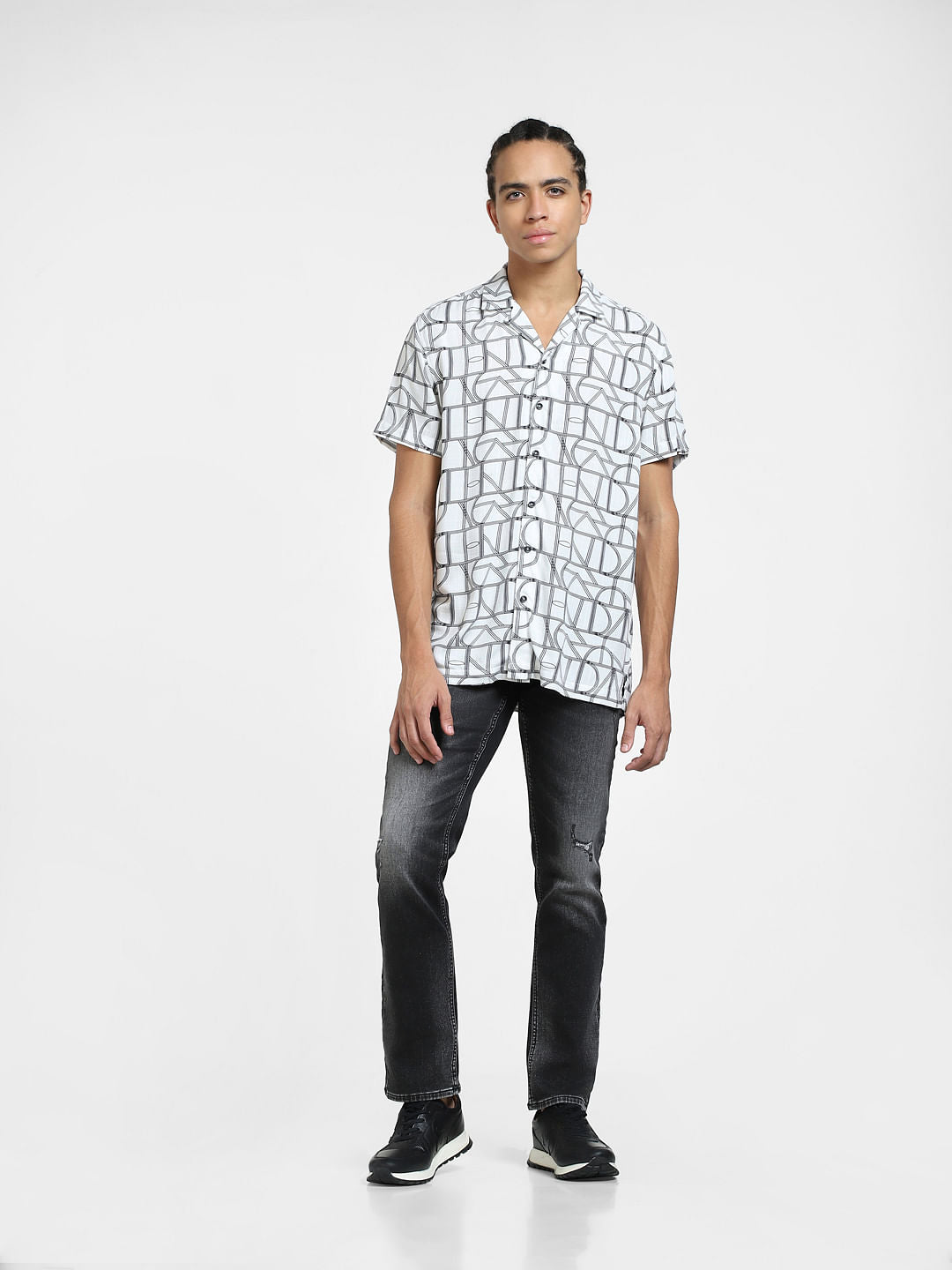 White Printed Short Sleeves Shirt