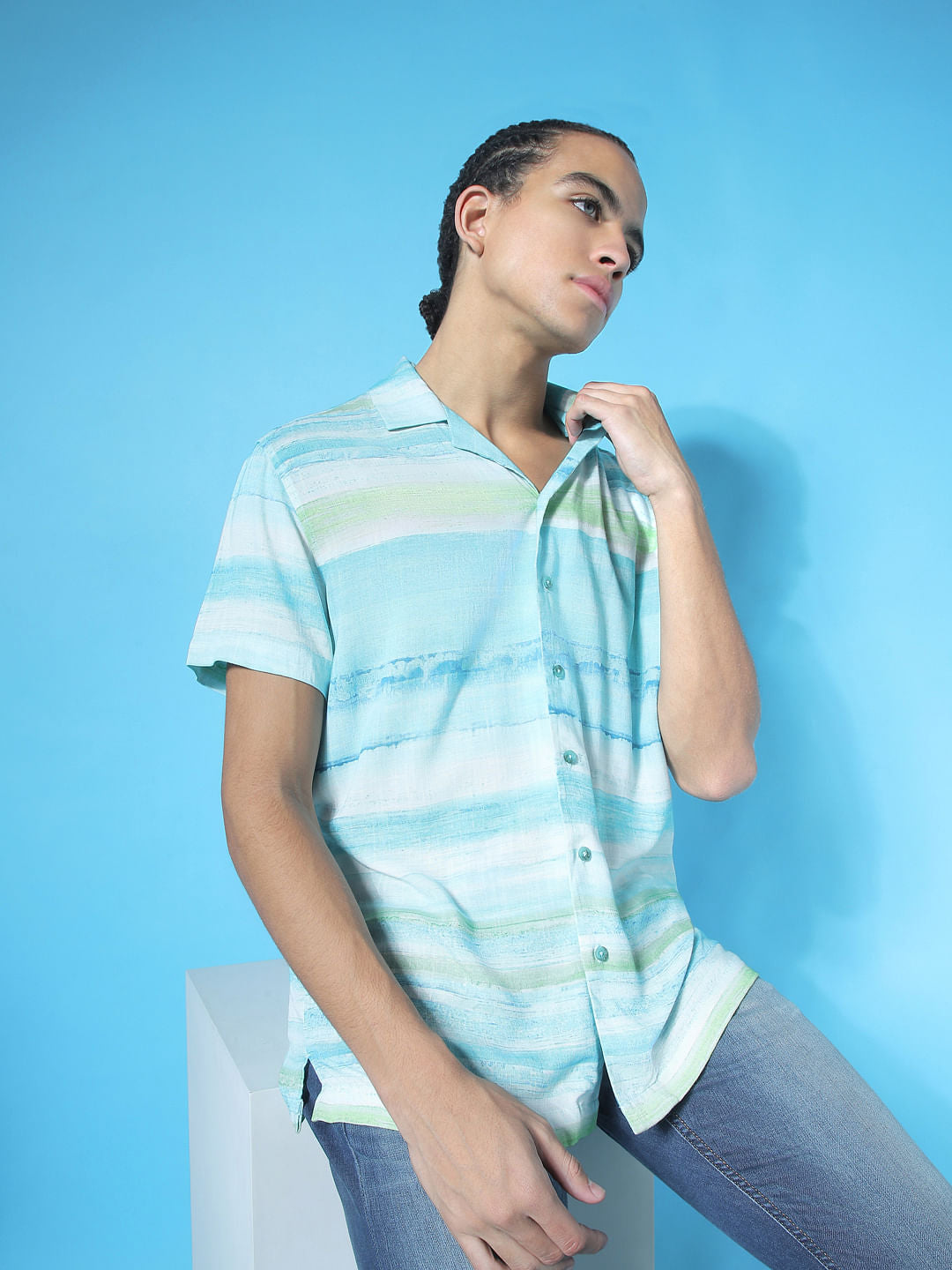 Sky Blue Printed Short Sleeves Shirt