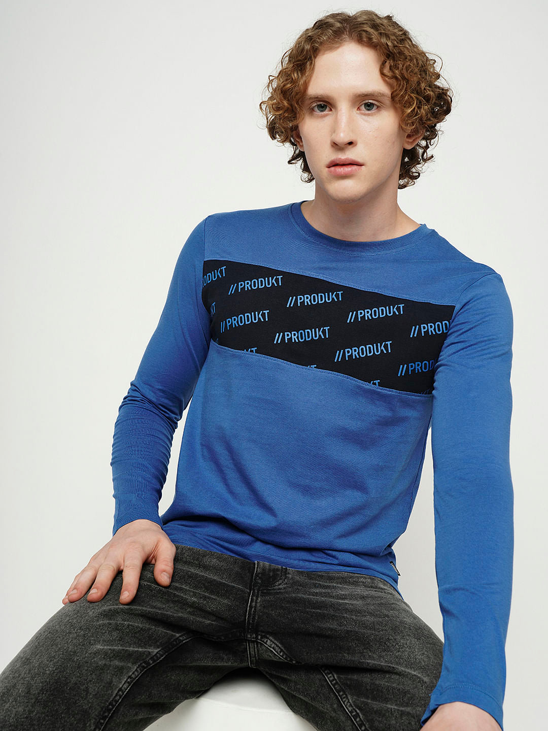 PRODUKT by JACK&JONES Blue Logo Text Full Sleeves T-shirt - S
