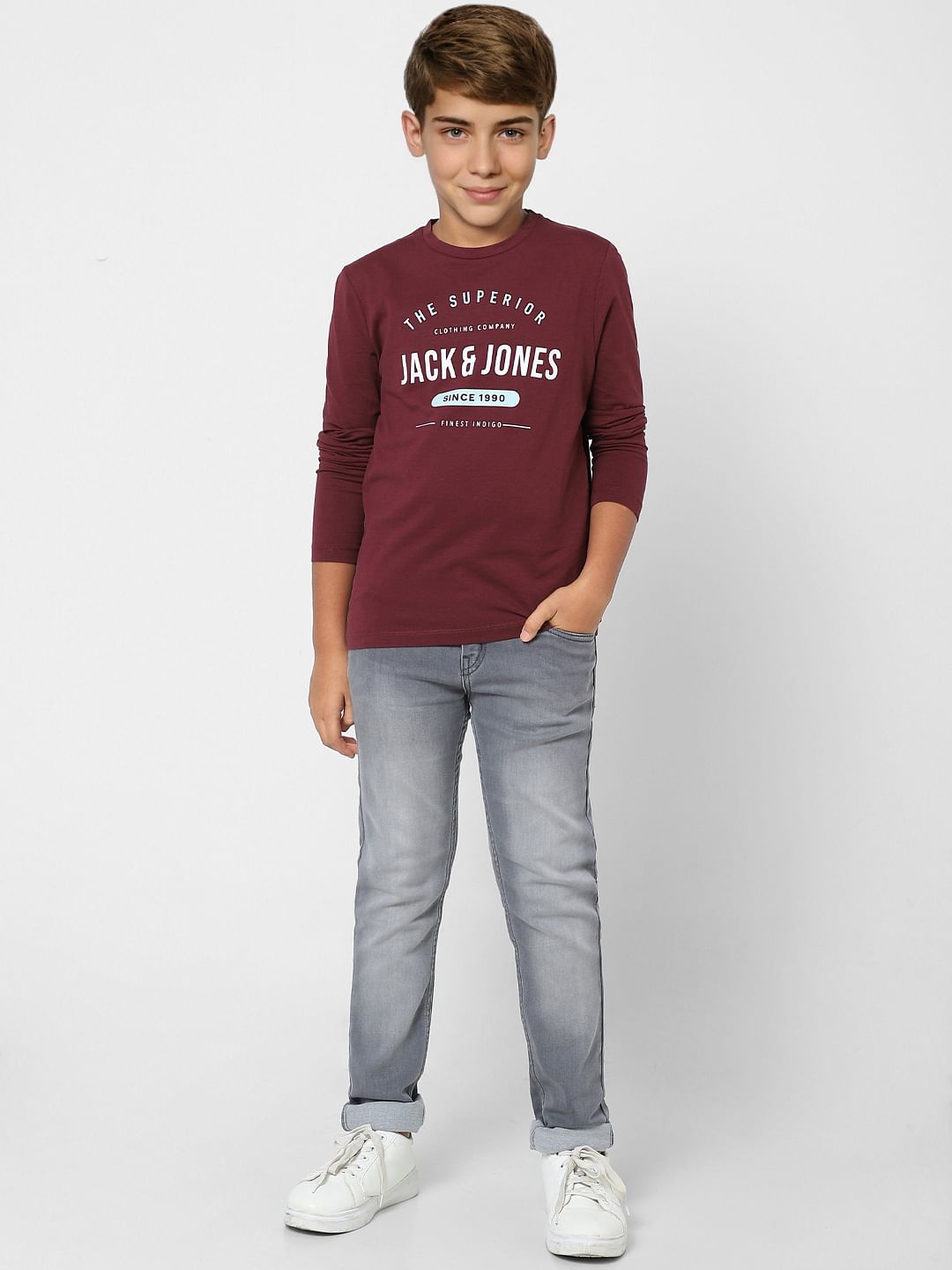 BOYS Maroon Logo Print Full Sleeves T-shirt - 4/5Y