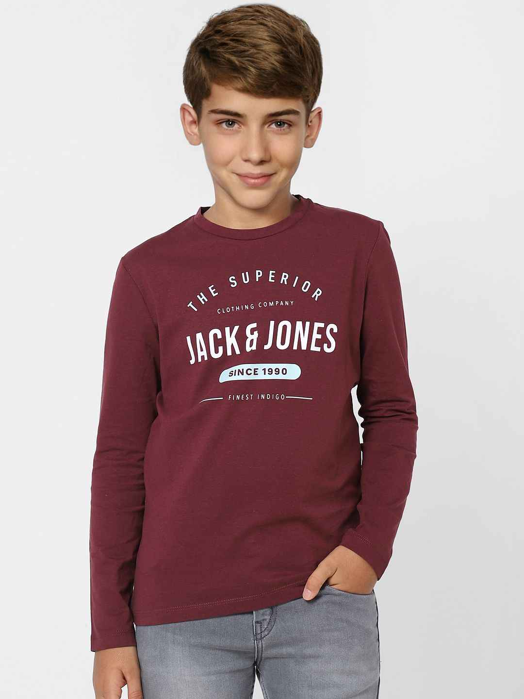 BOYS Maroon Logo Print Full Sleeves T-shirt