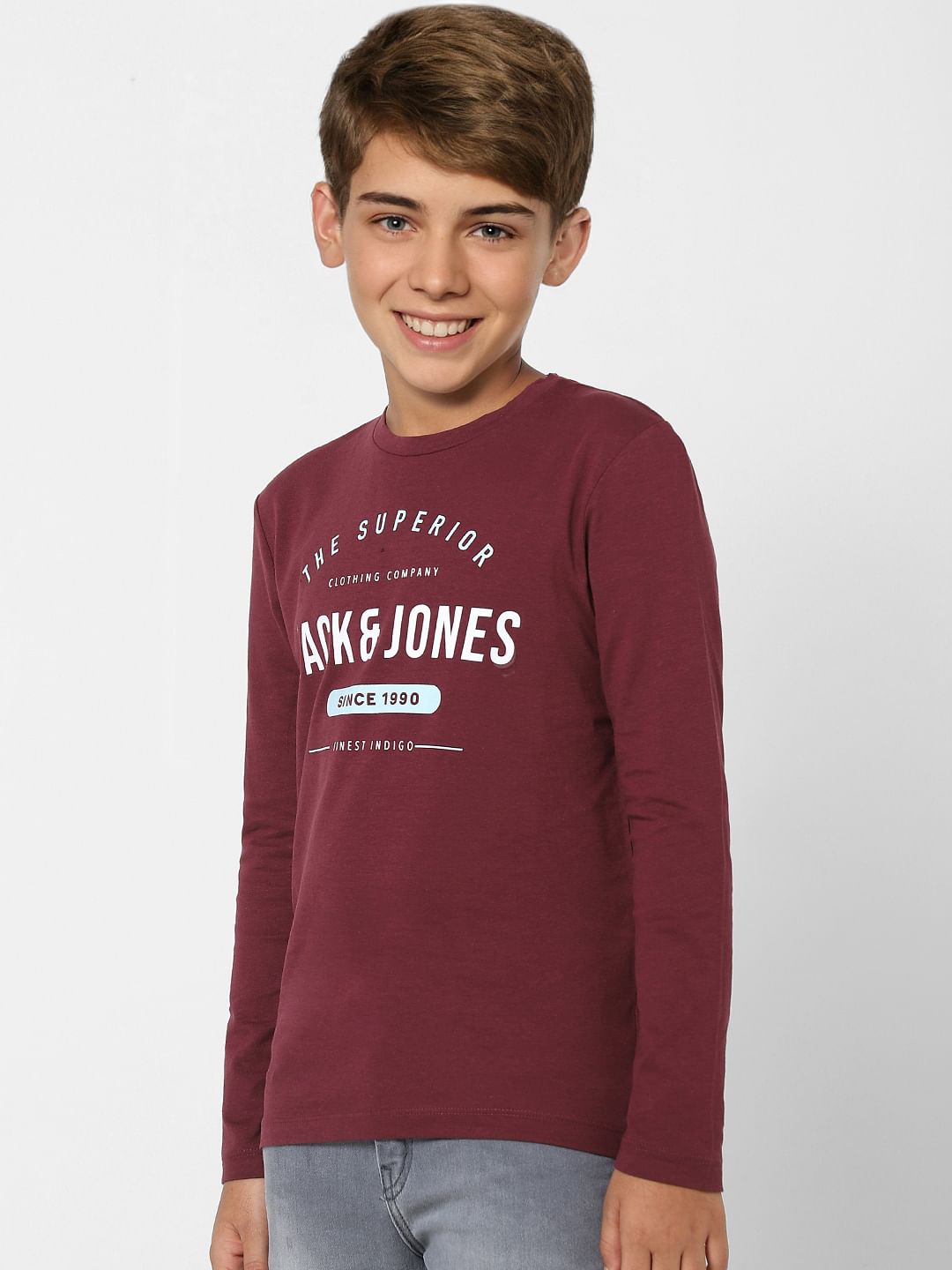 BOYS Maroon Logo Print Full Sleeves T-shirt