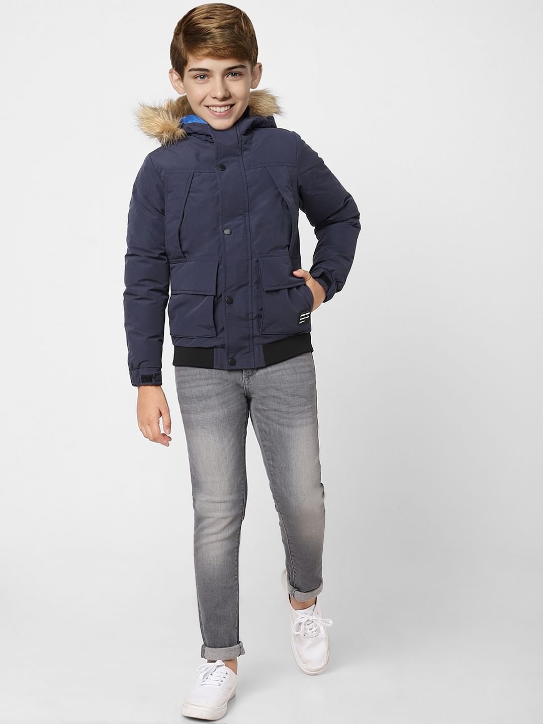 BOYS Blue Faux Fur Hooded Winter Jacket