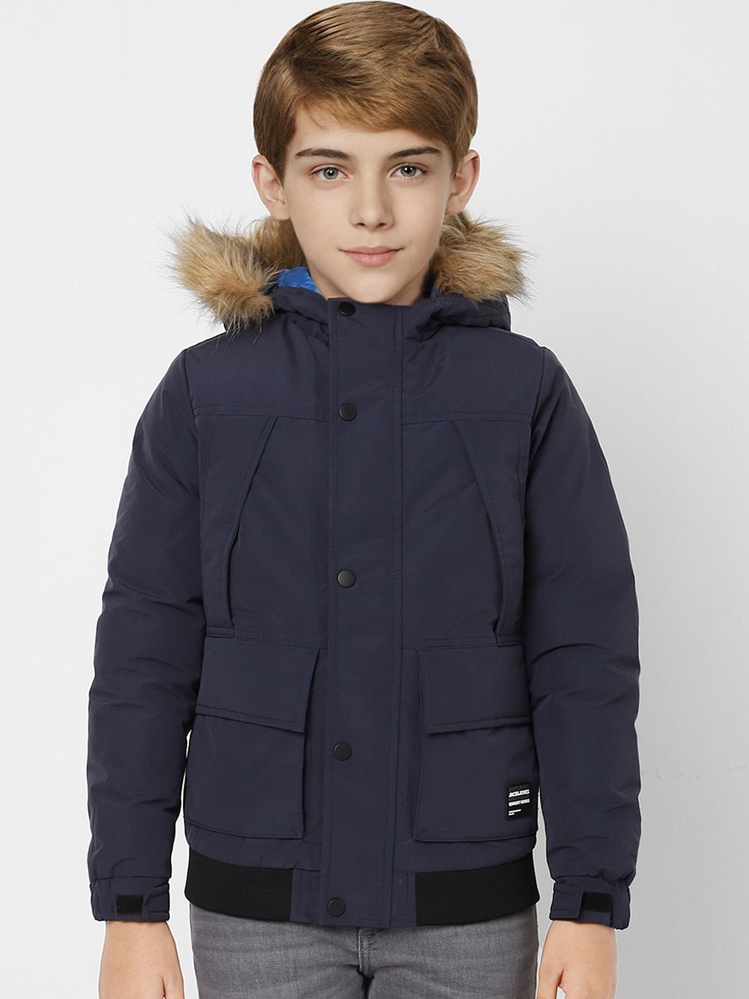 BOYS Blue Faux Fur Hooded Winter Jacket