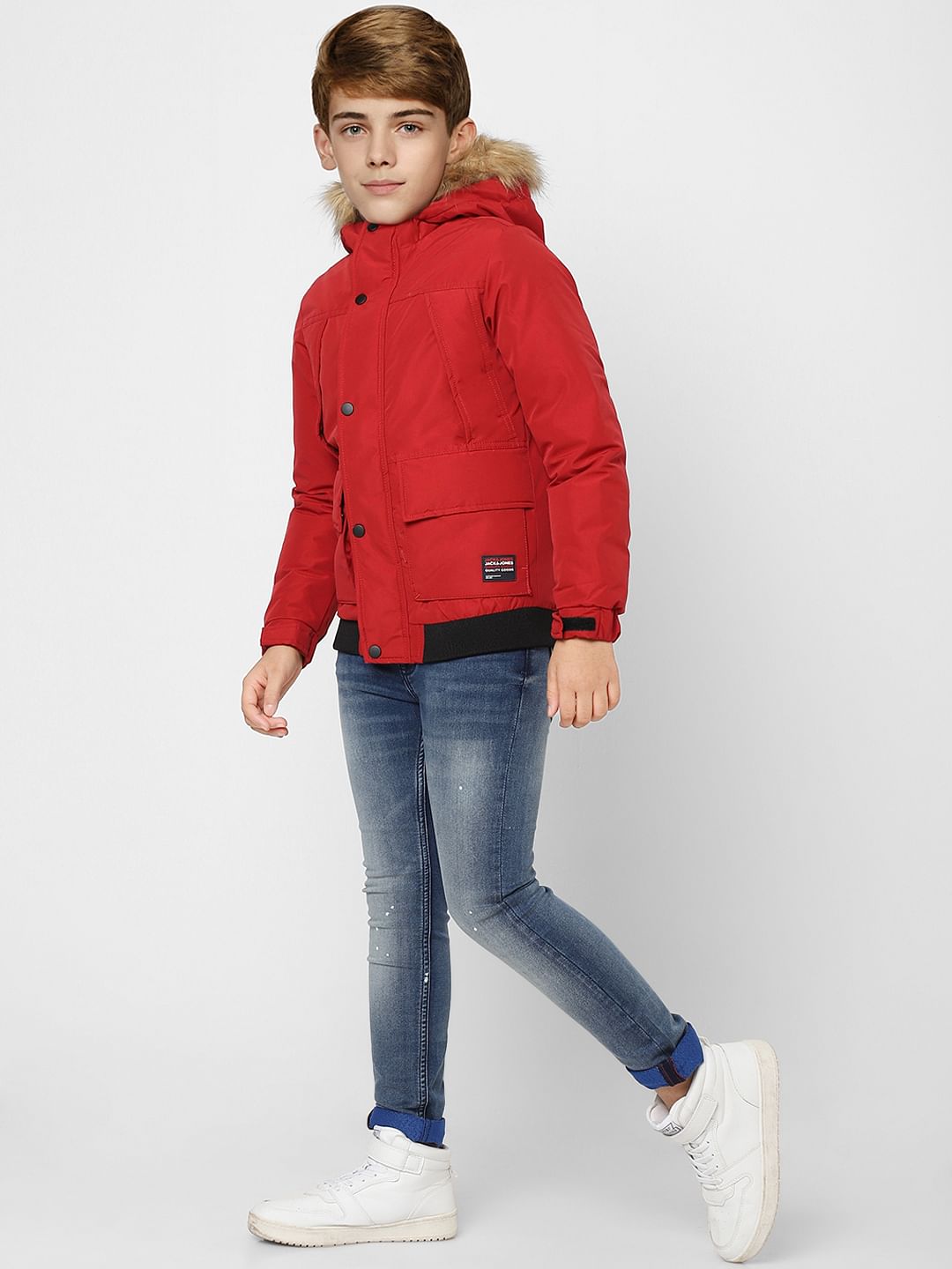 Boys Red Faux Fur Hooded Winter Jacket - 128/8Y