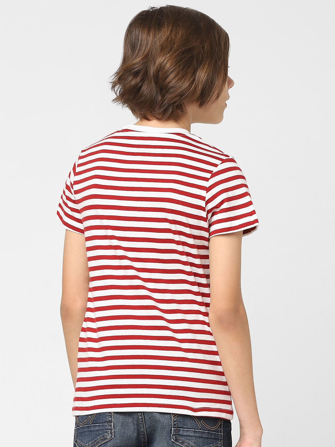 BOYS Red Striped Crew Neck T-shirt