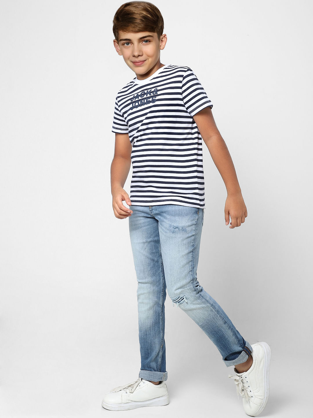 BOYS Navy Blue Striped Crew Neck T-shirt