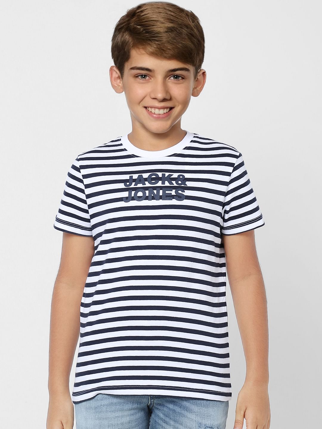 BOYS Navy Blue Striped Crew Neck T-shirt