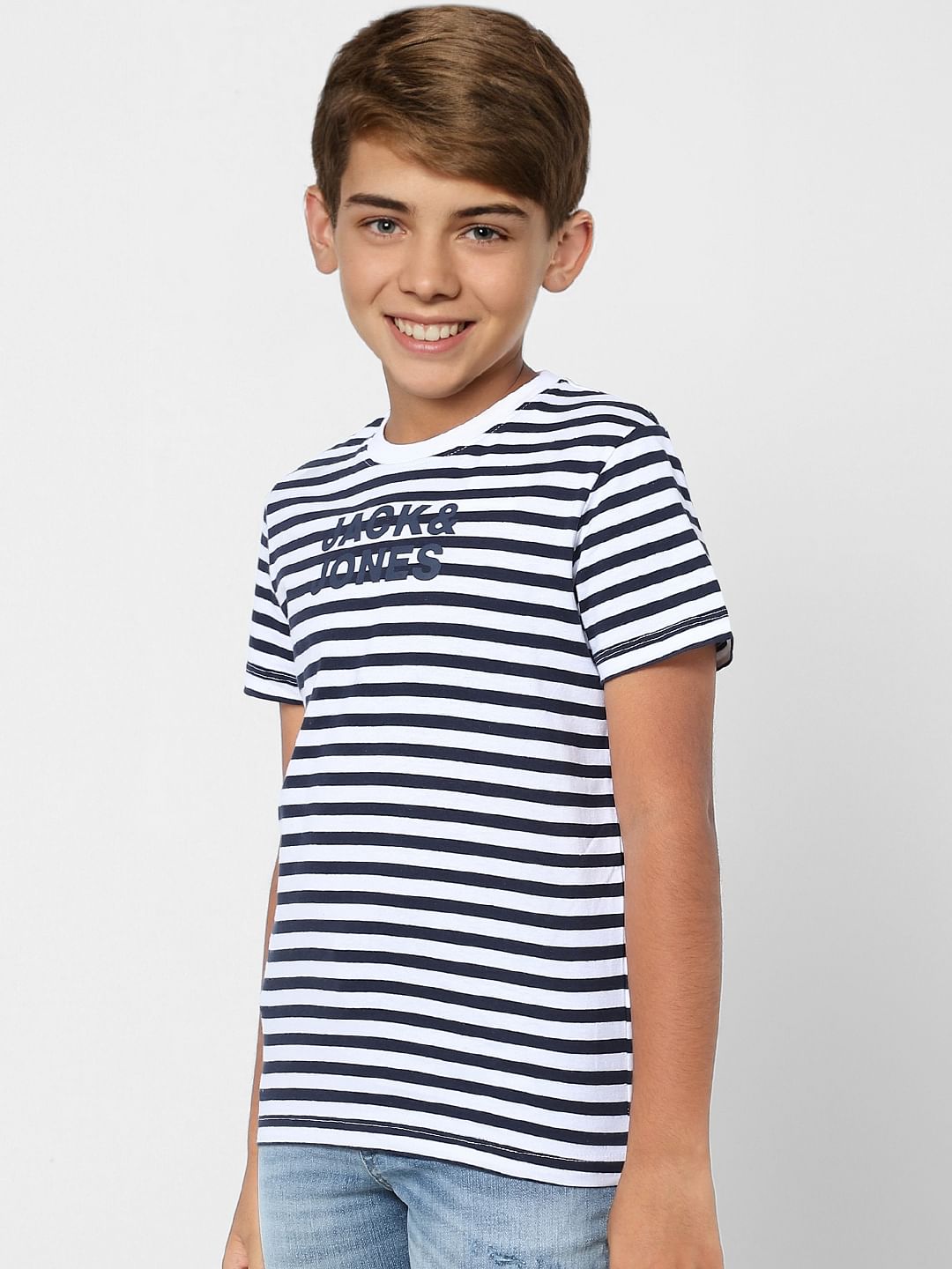 BOYS Navy Blue Striped Crew Neck T-shirt