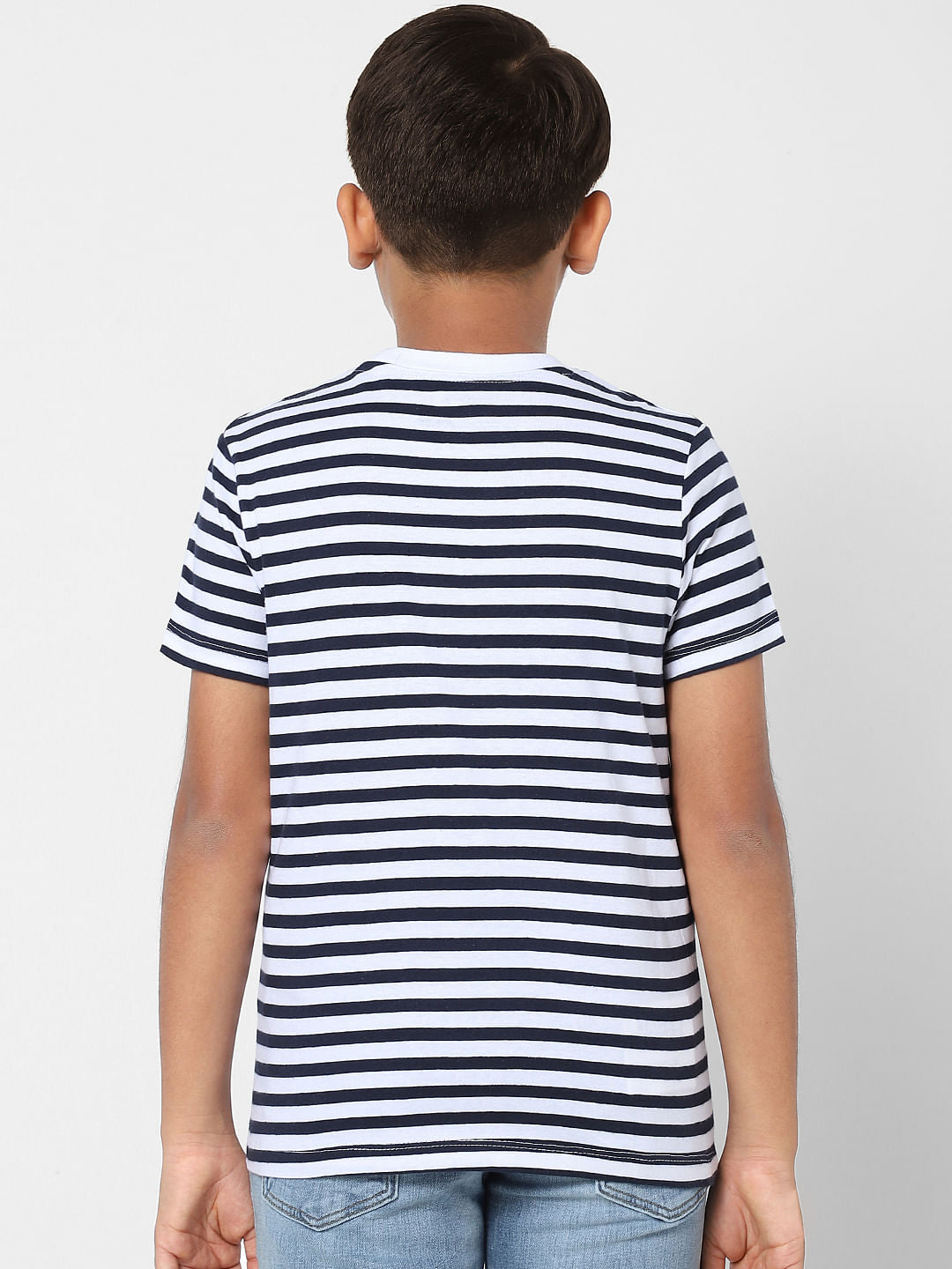 BOYS Navy Blue Striped Crew Neck T-shirt