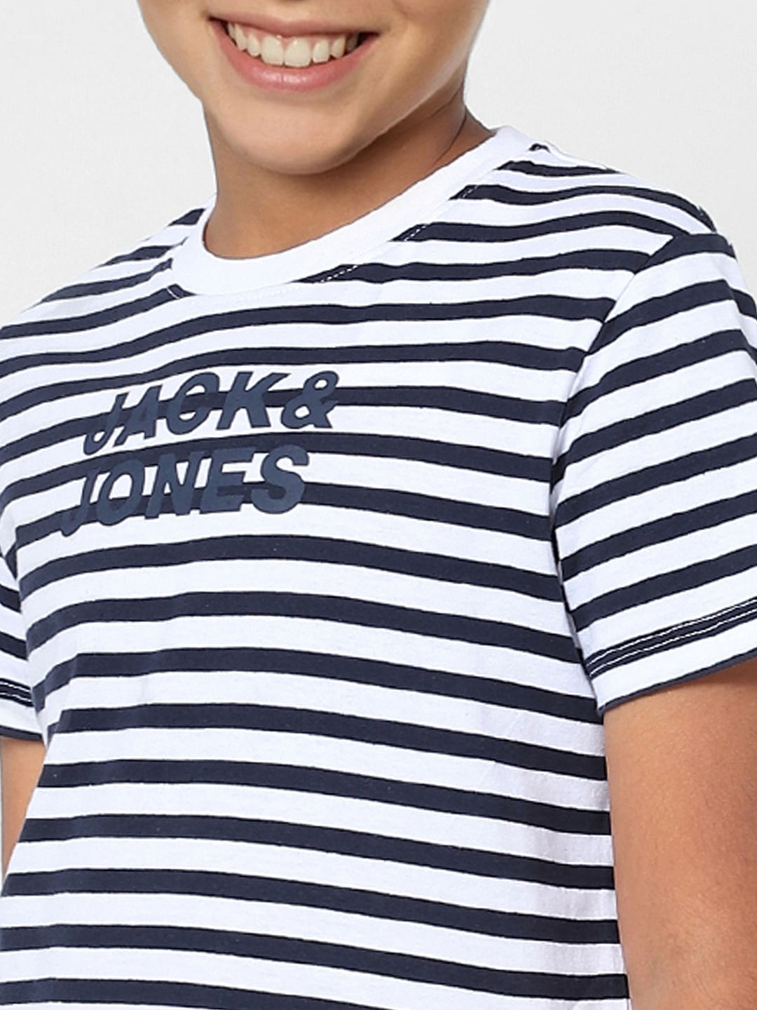 BOYS Navy Blue Striped Crew Neck T-shirt