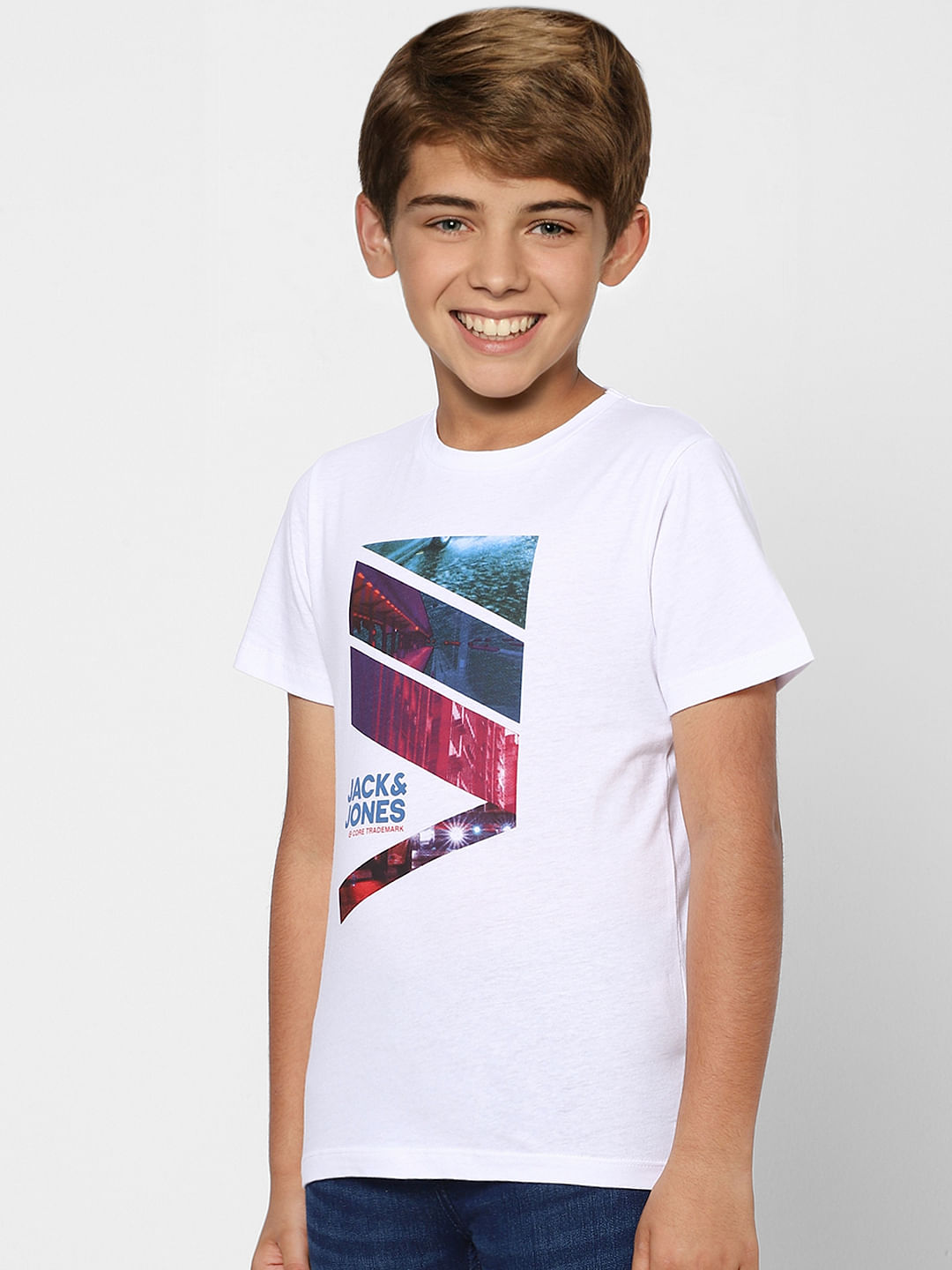 Boys White Graphic Print Crew Neck T-shirt