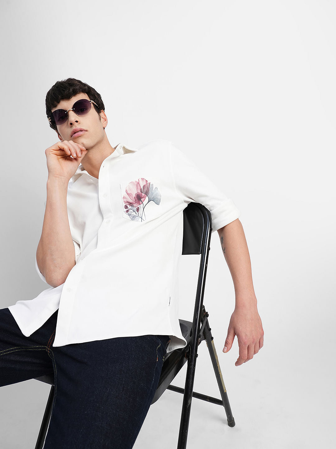 White Floral Print Full Sleeves Shirt - S