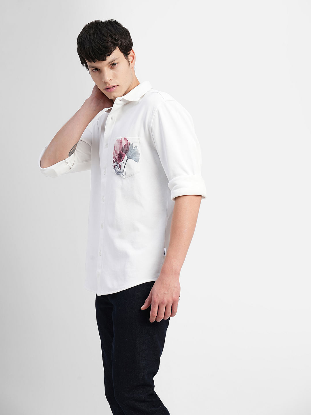 White Floral Print Full Sleeves Shirt