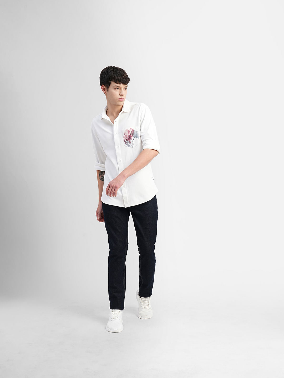 White Floral Print Full Sleeves Shirt