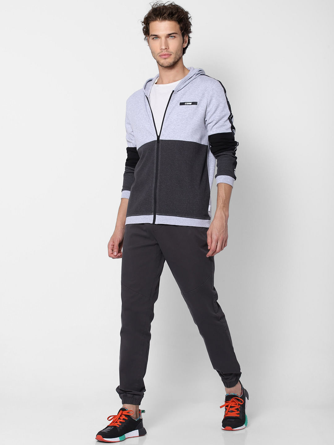 Grey Colourblocked Hooded Sweatshirt - S