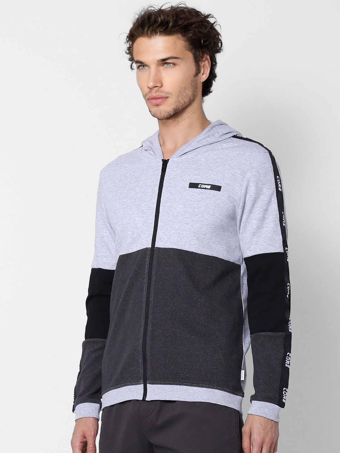Grey Colourblocked Hooded Sweatshirt