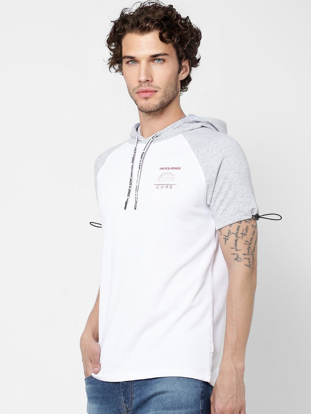 White Colourblocked Hooded Sweatshirt