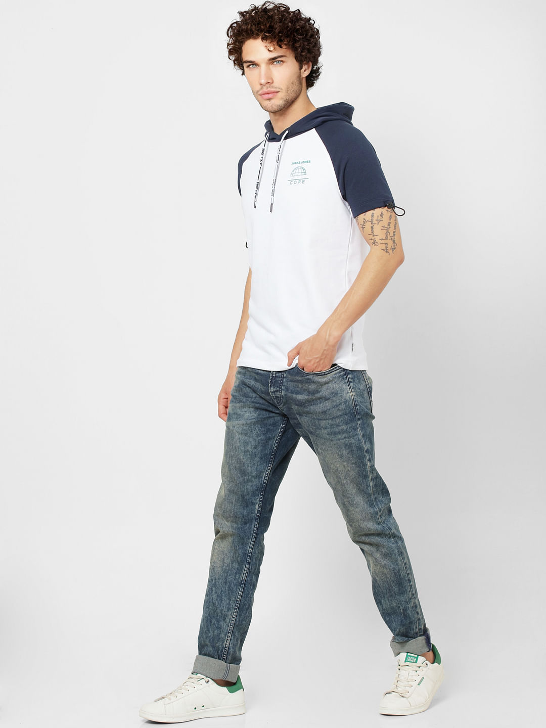 Blue Colourblocked Hooded Sweatshirt - S