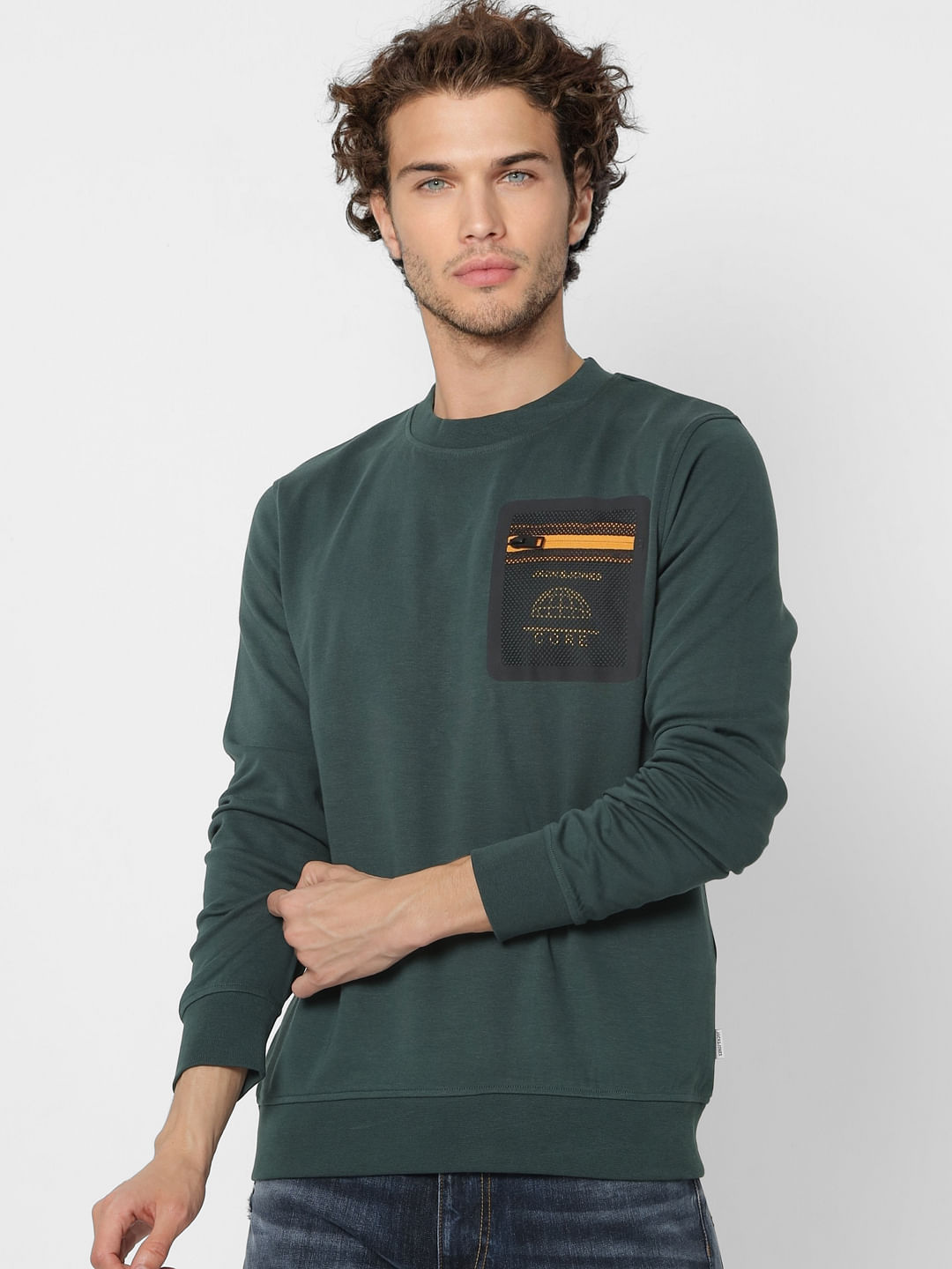Green Mesh Detail Pocket Sweatshirt