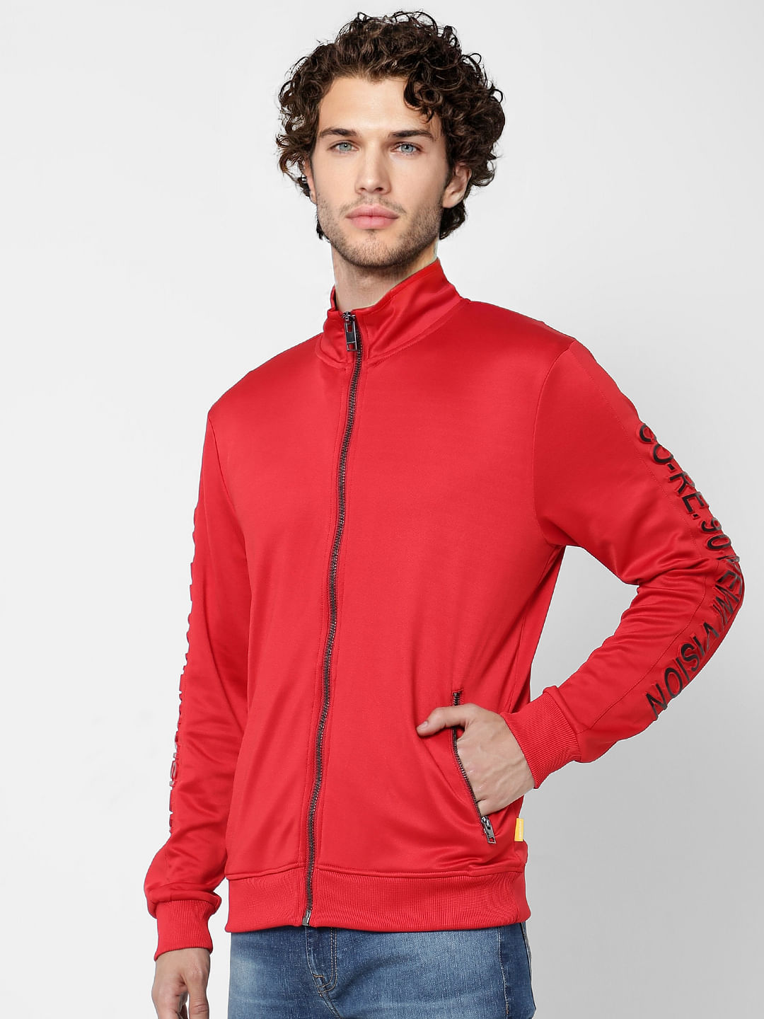 Red Embossed Text Sweat Jacket
