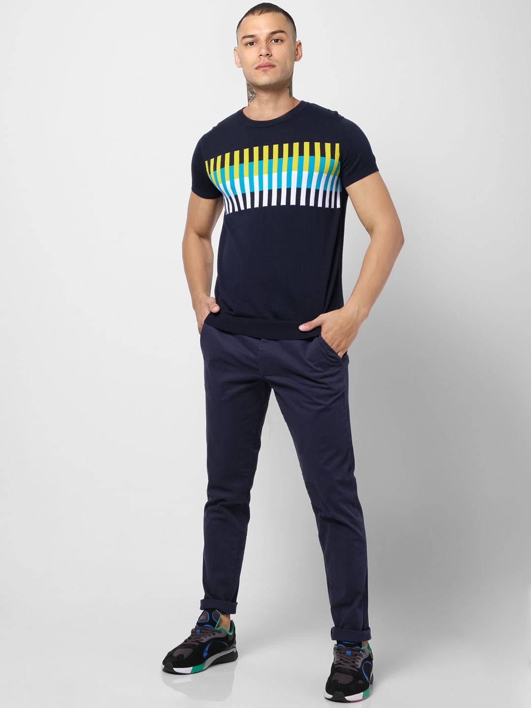 Navy Blue Graphic Print Crew Neck T-shirt - S