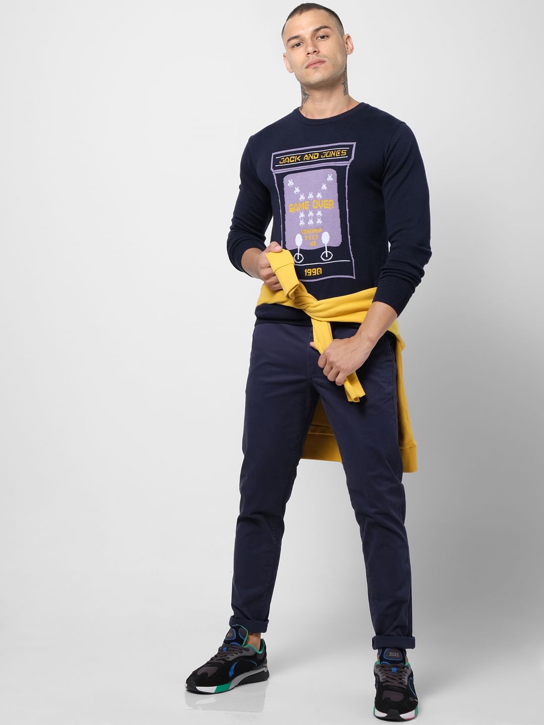 Blue Graphic Print Jacquard Pullover - S