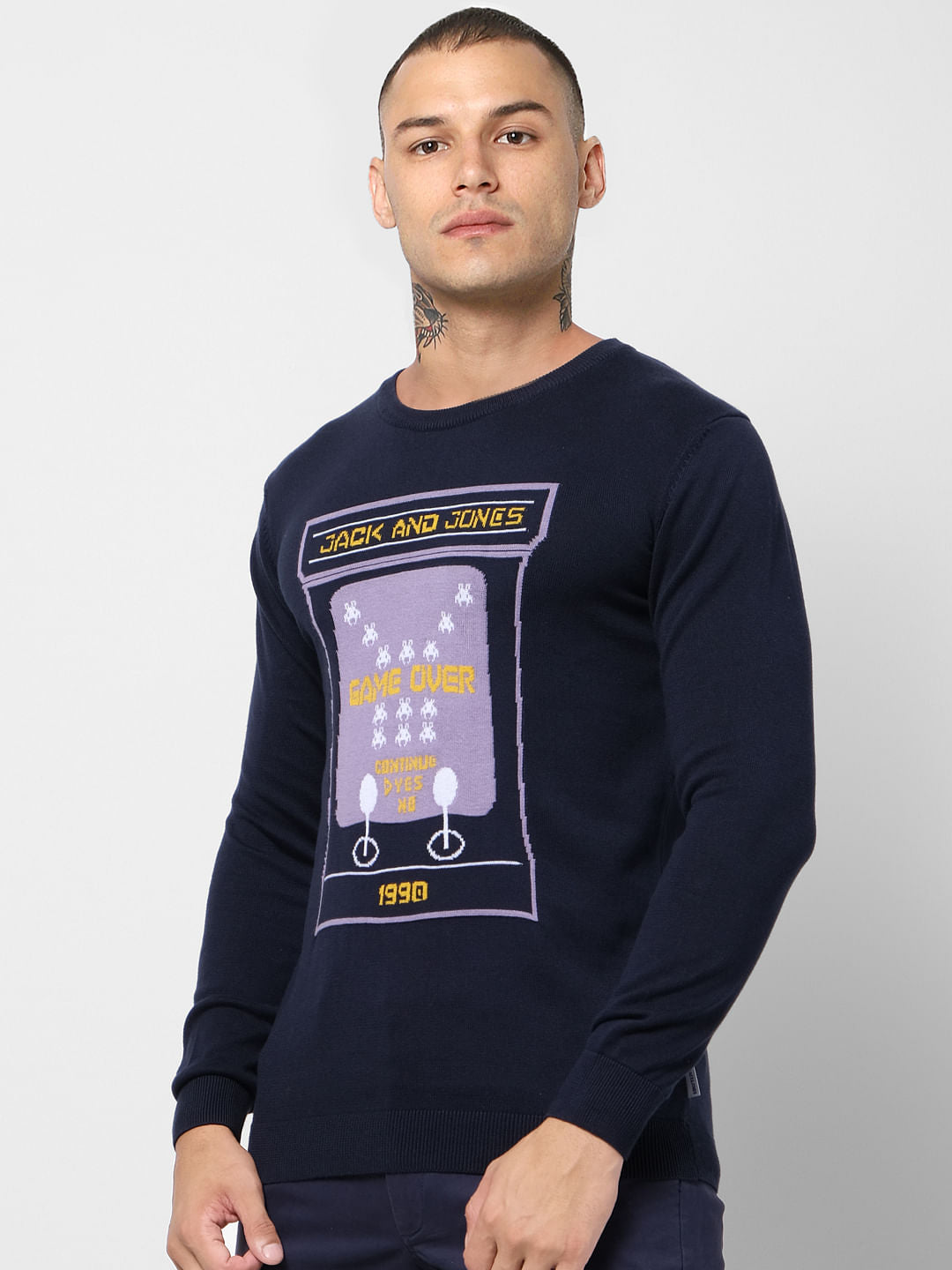 Blue Graphic Print Jacquard Pullover