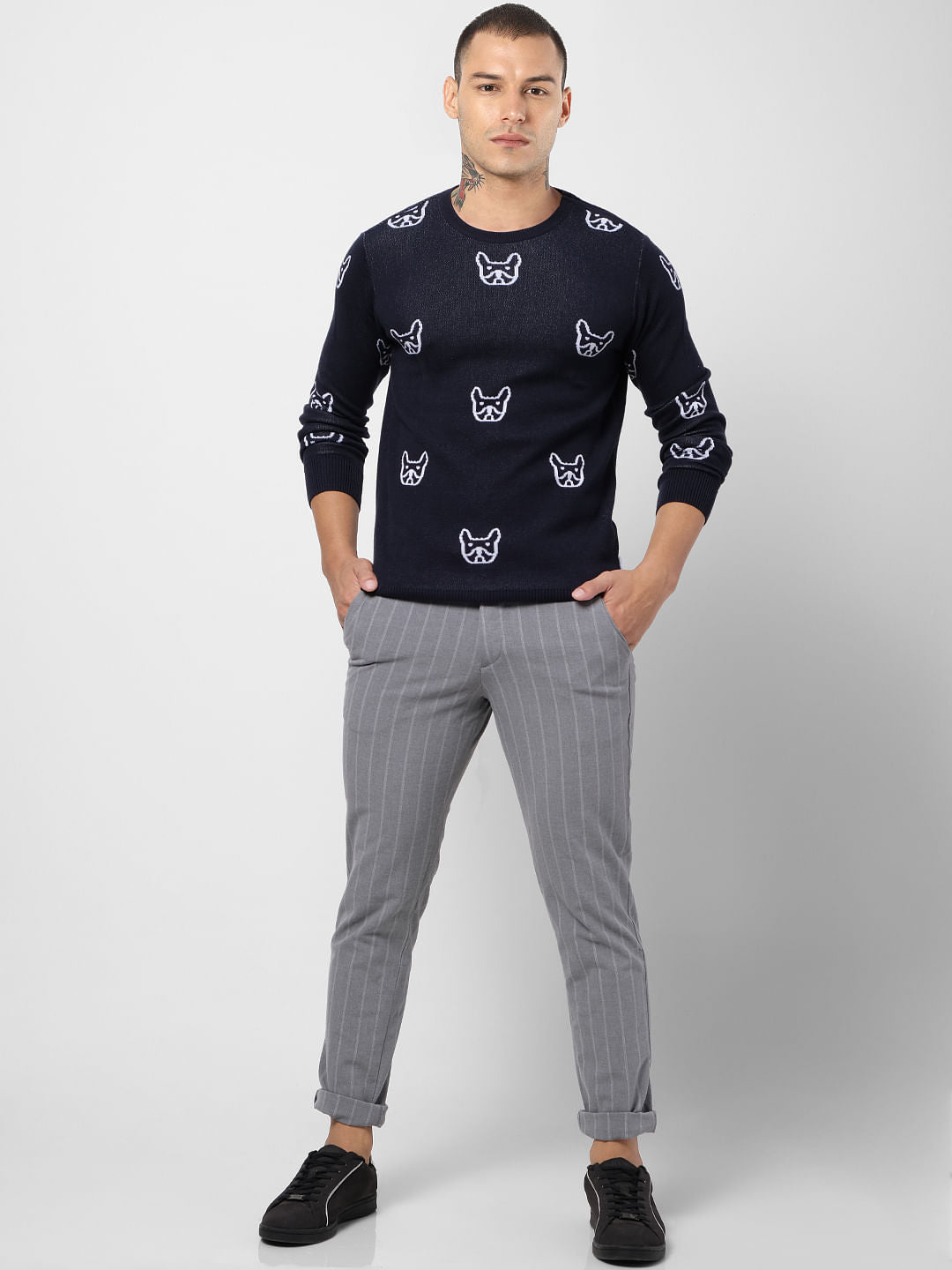 Blue Pug Print Pullover - S