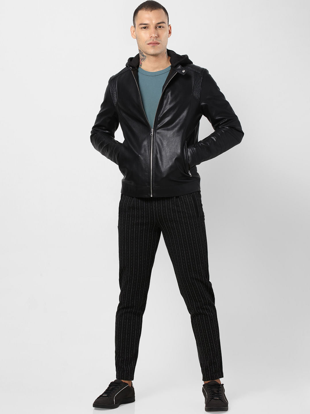 Black Hooded PU Jacket - S