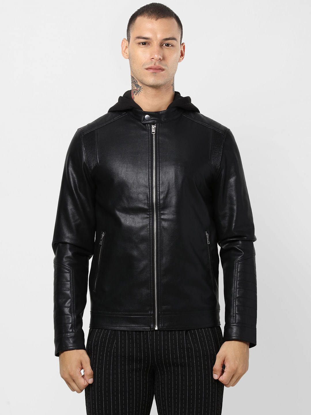 Black Hooded PU Jacket
