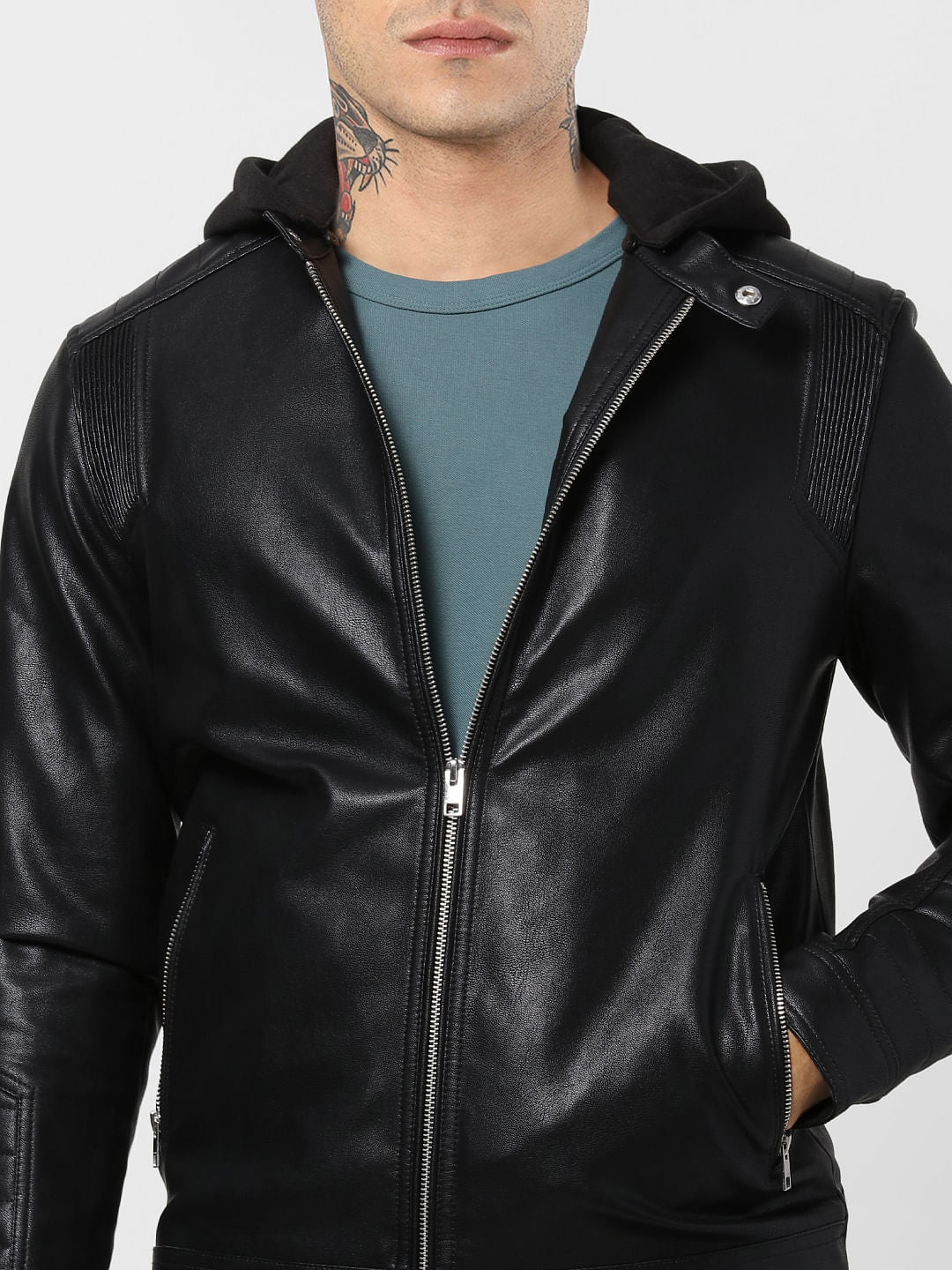 Black Hooded PU Jacket