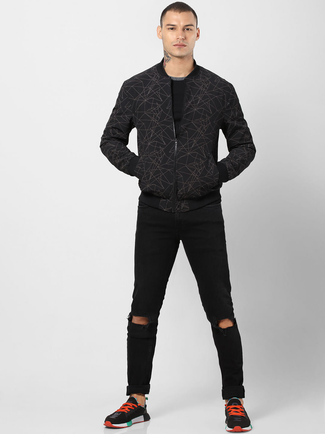 Black Geometric Print Bomber Jacket - S