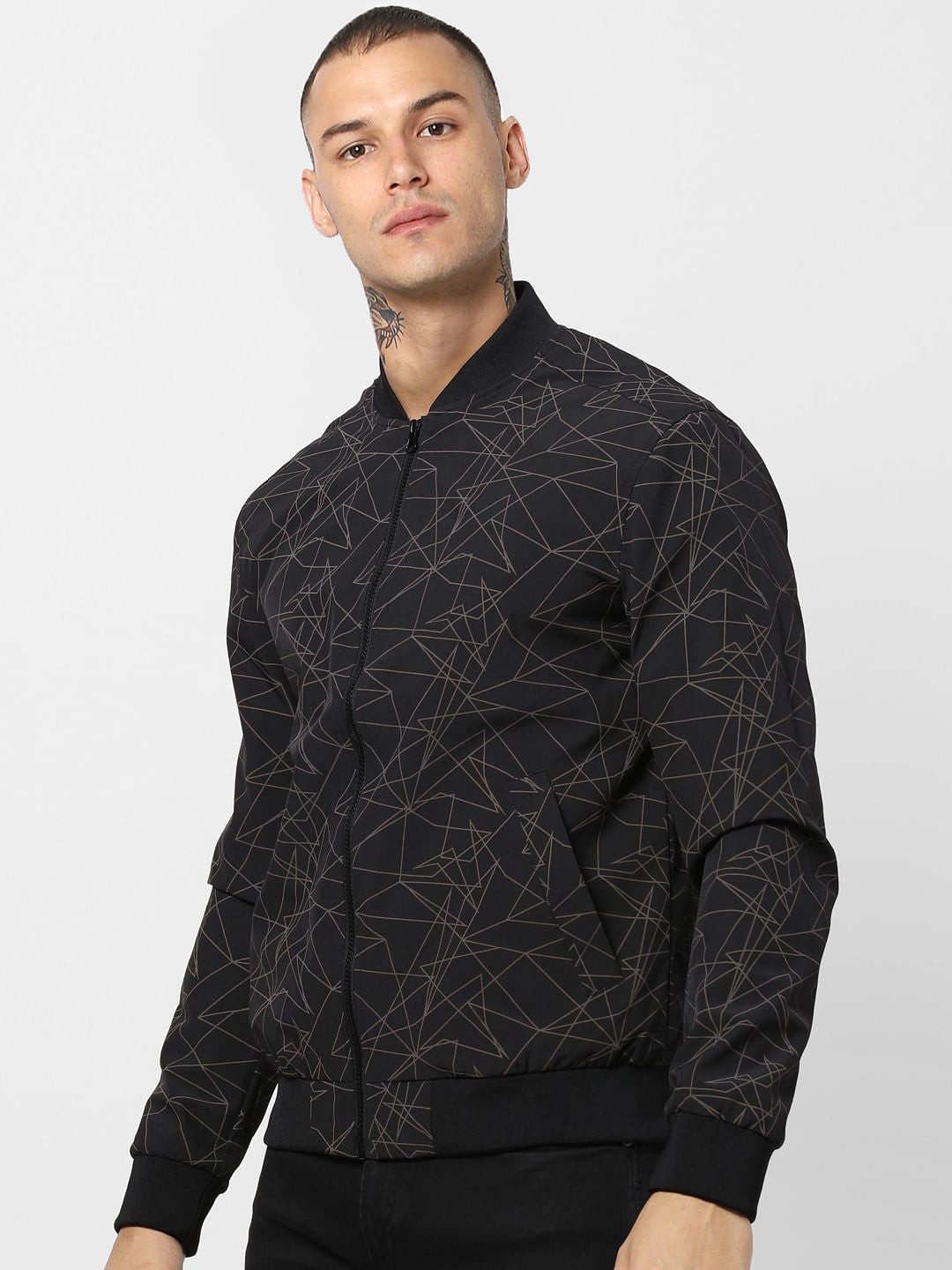 Black Geometric Print Bomber Jacket