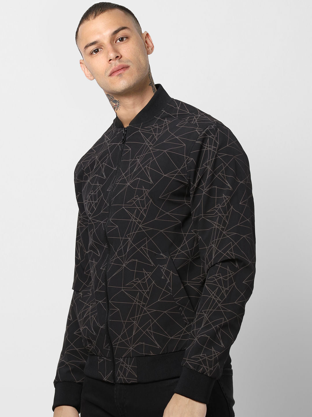 Black Geometric Print Bomber Jacket