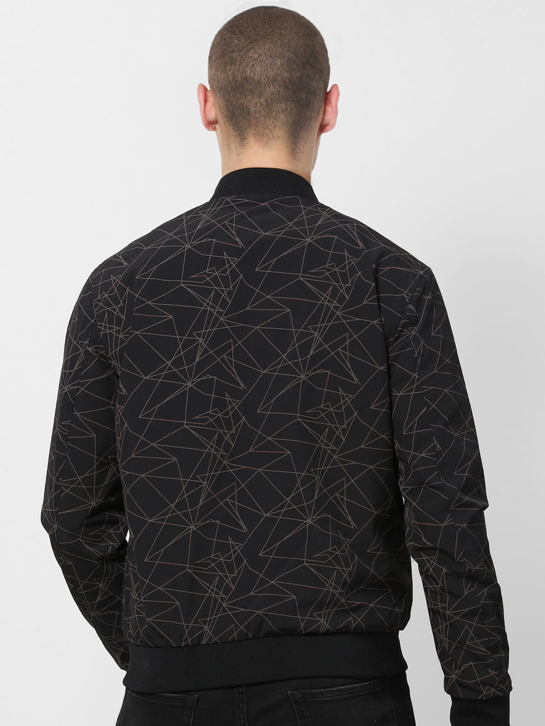 Black Geometric Print Bomber Jacket