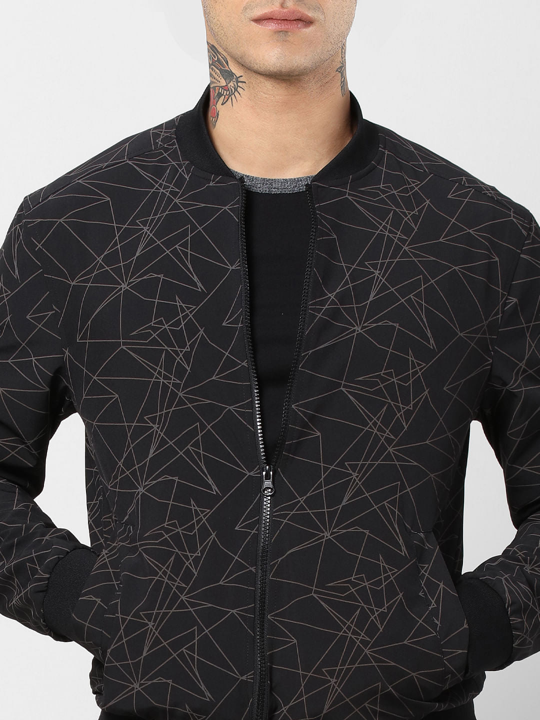 Black Geometric Print Bomber Jacket