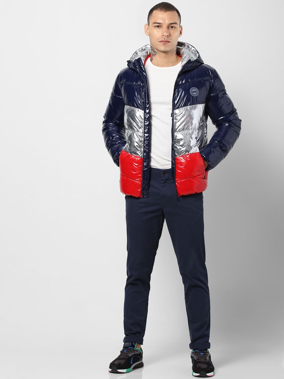Blue Colourblocked Hooded Puffer Jacket - S