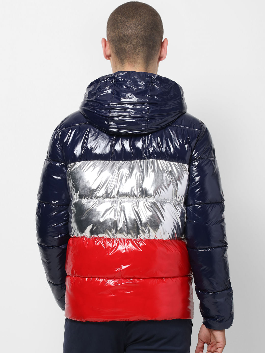 Blue Colourblocked Hooded Puffer Jacket