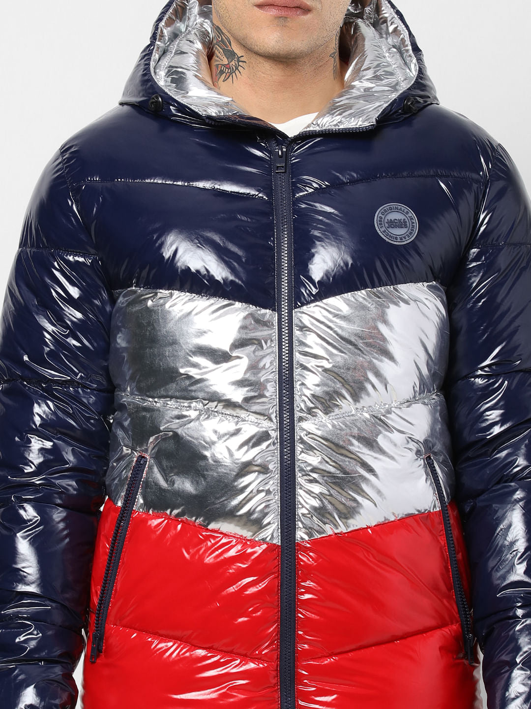 Blue Colourblocked Hooded Puffer Jacket