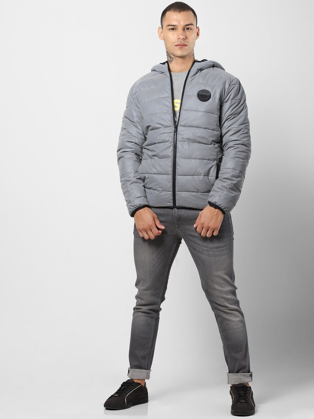 Grey Hooded Puffer Jacket - S