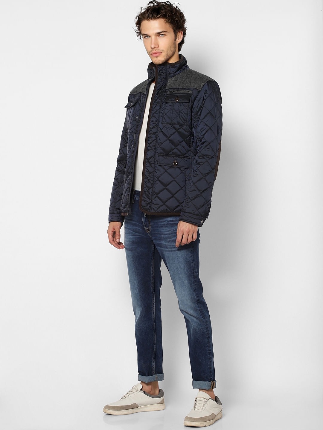 Blue Jacquard High Neck Jacket