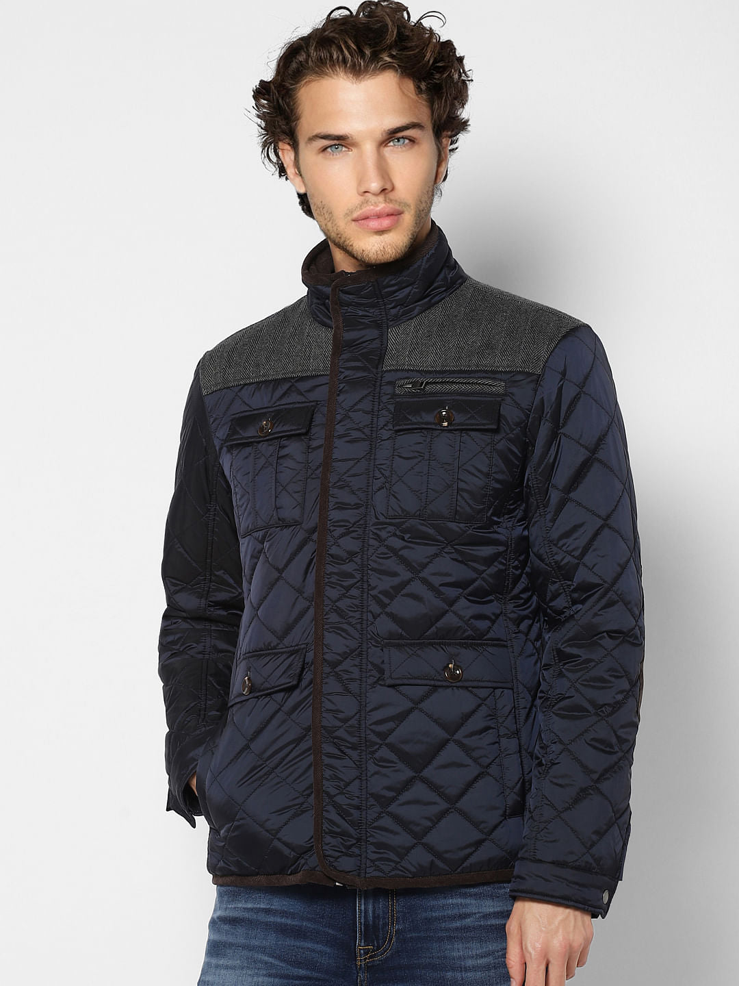Blue Jacquard High Neck Jacket