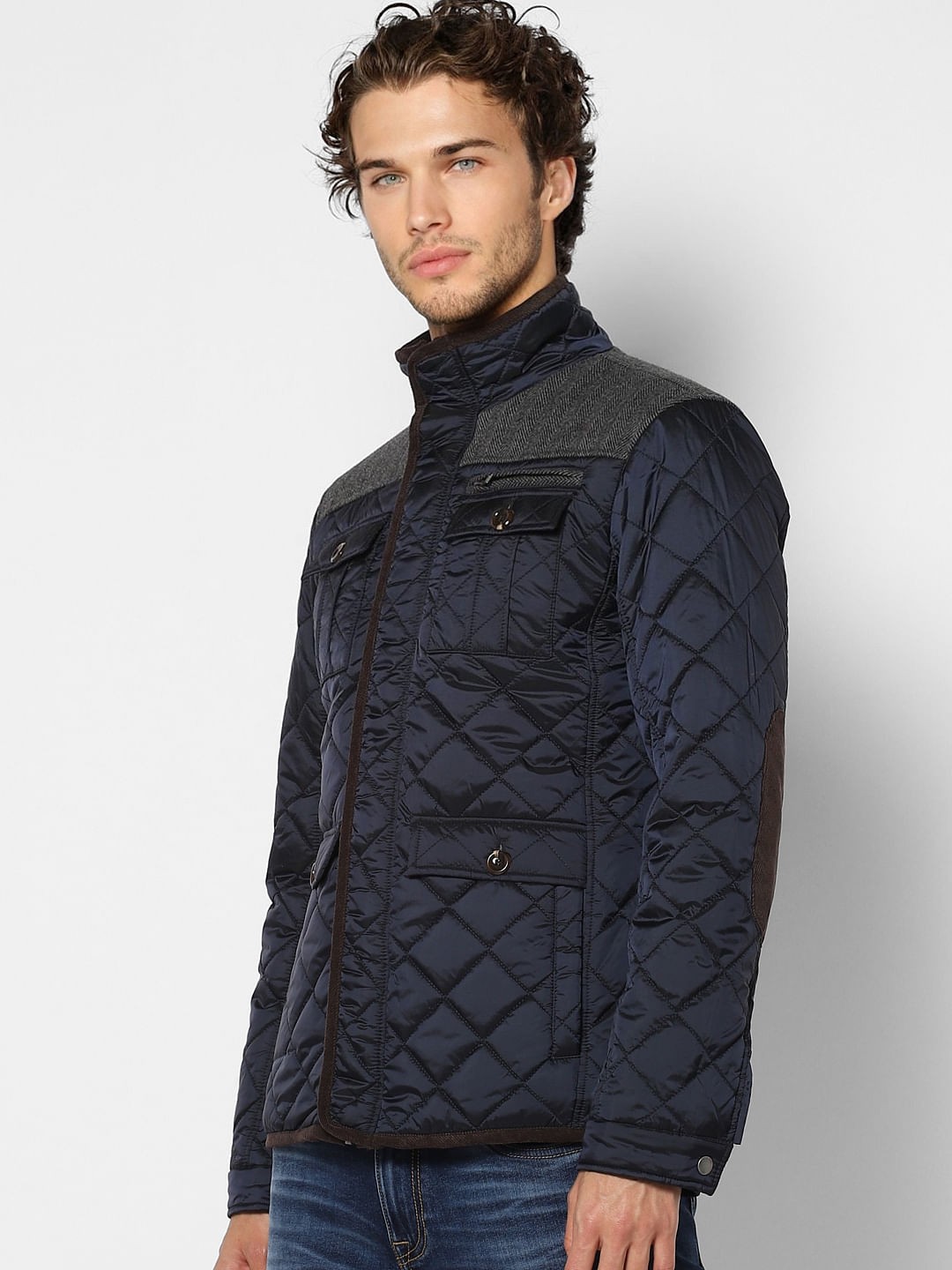 Blue Jacquard High Neck Jacket
