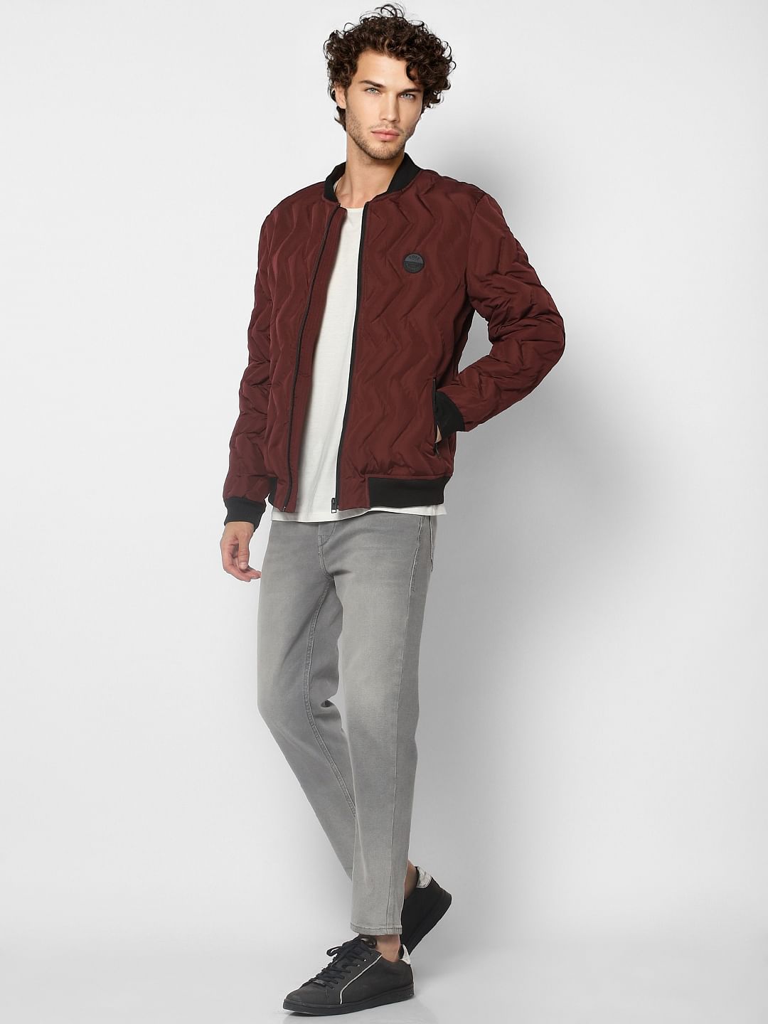 Burgundy Self-Design Bomber Jacket - S