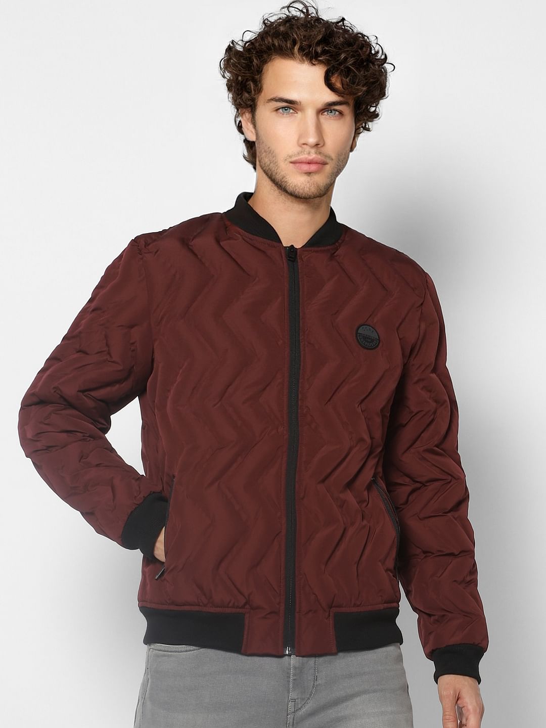 Burgundy Self-Design Bomber Jacket